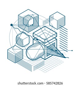 Isometric abstract background with lines and other different elements, vector abstract template. Composition of cubes, hexagons, squares, rectangles and different abstract elements.