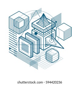 Isometric abstract background with lines and other different elements, vector abstract template. Composition of cubes, hexagons, squares, rectangles and different abstract elements.