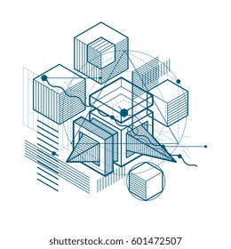 Isometric abstract background with lines and other different elements, vector abstract template. Composition of cubes, hexagons, squares, rectangles and different abstract elements.