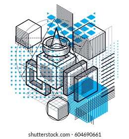 Isometric abstract background with lines and other different elements, vector abstract template. Composition of cubes, hexagons, squares, rectangles and different abstract elements.