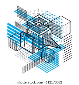 Isometric abstract background with lines and other different elements, vector abstract template. Composition of cubes, hexagons, squares, rectangles and different abstract elements.