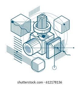 Isometric abstract background with lines and other different elements, vector abstract template. Composition of cubes, hexagons, squares, rectangles and different abstract elements.