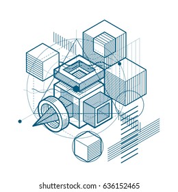 Isometric abstract background with lines and other different elements, vector abstract template. Composition of cubes, hexagons, squares, rectangles and different abstract elements.