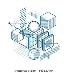 Isometric abstract background with lines and other different elements, vector abstract template. Composition of cubes, hexagons, squares, rectangles and different abstract elements.