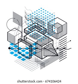 Isometric abstract background with lines and other different elements, vector abstract template. Composition of cubes, hexagons, squares, rectangles and different abstract elements.