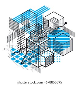 Isometric abstract background with lines and other different elements, vector abstract template. Composition of cubes, hexagons, squares, rectangles and different abstract elements.