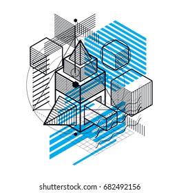 Isometric abstract background with lines and other different elements, vector abstract template. Composition of cubes, hexagons, squares, rectangles and different abstract elements.