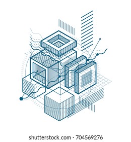 Isometric abstract background with lines and other different elements, vector abstract template. Composition of cubes, hexagons, squares, rectangles and different abstract elements.