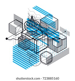 Isometric abstract background with lines and other different elements, vector abstract template. Composition of cubes, hexagons, squares, rectangles and different abstract elements.