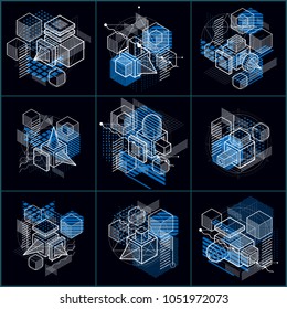 Isometric abstract backgrounds with linear dimensional shapes, vector 3d mesh elements. Compositions of cubes, hexagons, squares, rectangles and different abstract elements. Vector collection.