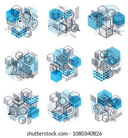Isometric abstract backgrounds with linear dimensional shapes, vector 3d mesh elements. Compositions of cubes, hexagons, squares, rectangles and different abstract elements. Vector collection.