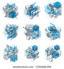 Isometric abstract backgrounds with linear dimensional shapes, vector 3d mesh elements. Compositions of cubes, hexagons, squares, rectangles and different abstract elements. Vector collection.