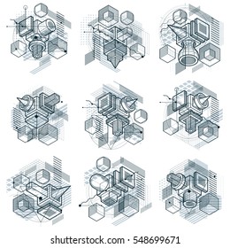 Isometric abstract backgrounds with linear dimensional shapes, vector 3d mesh elements. Compositions of cubes, hexagons, squares, rectangles and different abstract elements. Vector collection.