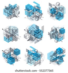 Isometric abstract backgrounds with linear dimensional shapes, vector 3d mesh elements. Compositions of cubes, hexagons, squares, rectangles and different abstract elements. Vector collection.