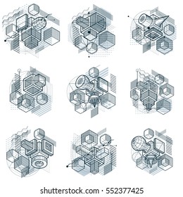 Isometric abstract backgrounds with linear dimensional shapes, vector 3d mesh elements. Compositions of cubes, hexagons, squares, rectangles and different abstract elements. Vector collection.