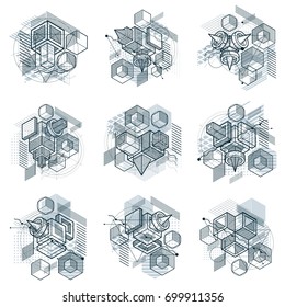 Isometric abstract backgrounds with linear dimensional shapes, vector 3d mesh elements. Compositions of cubes, hexagons, squares, rectangles and different abstract elements. Vector collection.
