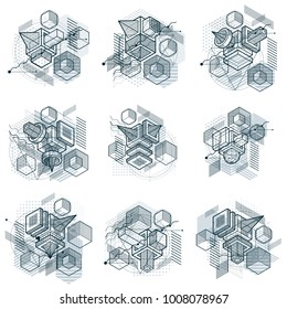 Isometric abstract backgrounds with lines and other different elements, vector abstract templates. Compositions of cubes, hexagons, squares, rectangles and different abstract elements. Vector set.