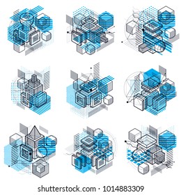 Isometric abstract backgrounds with lines and other different elements, vector abstract templates. Compositions of cubes, hexagons, squares, rectangles and different abstract elements. Vector set.