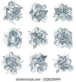 Isometric abstract backgrounds with lines and other different elements, vector abstract templates. Compositions of cubes, hexagons, squares, rectangles and different abstract elements. Vector set.