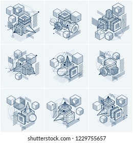 Isometric abstract backgrounds with lines and other different elements, vector abstract templates. Compositions of cubes, hexagons, squares, rectangles and different abstract elements. Vector set.