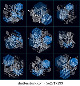 Isometric abstract backgrounds with lines and other different elements, vector abstract templates. Compositions of cubes, hexagons, squares, rectangles and different abstract elements. Vector set.