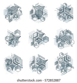 Isometric abstract backgrounds with lines and other different elements, vector abstract templates. Compositions of cubes, hexagons, squares, rectangles and different abstract elements. Vector set.