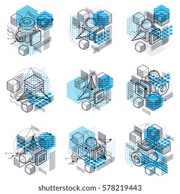 Isometric abstract backgrounds with lines and other different elements, vector abstract templates. Compositions of cubes, hexagons, squares, rectangles and different abstract elements. Vector set.