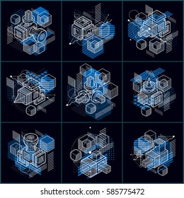 Isometric abstract backgrounds with lines and other different elements, vector abstract templates. Compositions of cubes, hexagons, squares, rectangles and different abstract elements. Vector set.