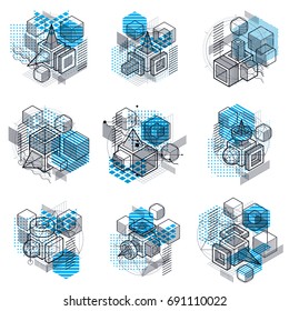 Isometric abstract backgrounds with lines and other different elements, vector abstract templates. Compositions of cubes, hexagons, squares, rectangles and different abstract elements. Vector set.