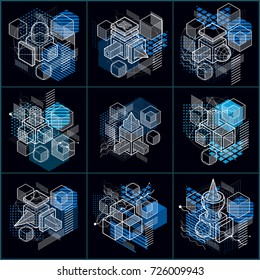 Isometric abstract backgrounds with lines and other different elements, vector abstract templates. Compositions of cubes, hexagons, squares, rectangles and different abstract elements. Vector set.