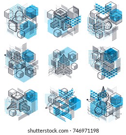 Isometric abstract backgrounds with lines and other different elements, vector abstract templates. Compositions of cubes, hexagons, squares, rectangles and different abstract elements. Vector set.