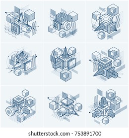 Isometric abstract backgrounds with lines and other different elements, vector abstract templates. Compositions of cubes, hexagons, squares, rectangles and different abstract elements. Vector set.