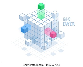 Isometric Abstract Big Data Cube, Box Data. Science And Technology. Vector Illustration.