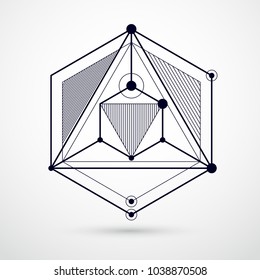 Isometric abstract black and white background with linear dimensional cube shapes, vector 3d mesh elements. Layout of cubes, hexagons, squares, rectangles and different abstract elements. 