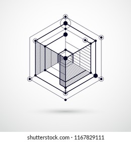 Isometric abstract black and white background with linear dimensional cube shapes, vector 3d mesh elements. Layout of cubes, hexagons, squares, rectangles and different abstract elements. 
