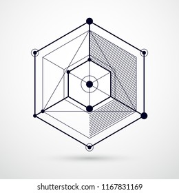 Isometric abstract black and white background with linear dimensional cube shapes, vector 3d mesh elements. Layout of cubes, hexagons, squares, rectangles and different abstract elements. 