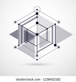 Isometric abstract black and white background with linear dimensional cube shapes, vector 3d mesh elements. Layout of cubes, hexagons, squares, rectangles and different abstract elements. 