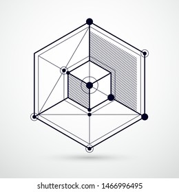 Isometric abstract black and white background with linear dimensional cube shapes, vector 3d mesh elements. Layout of cubes, hexagons, squares, rectangles and different abstract elements. 