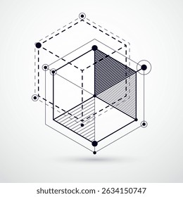 Isometric abstract black and white background with linear dimensional cube shapes, vector 3d mesh elements. Layout of cubes, hexagons, squares, rectangles and different abstract elements. 