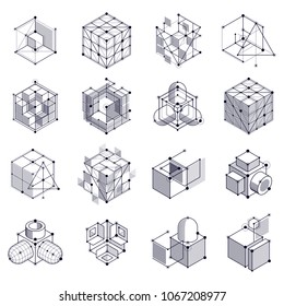 Isometric abstract black and white backgrounds set with linear dimensional cube shapes, vector 3d mesh elements. Layout of cubes, hexagons, squares, rectangles and different abstract elements. 