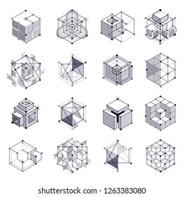 Isometric abstract black and white backgrounds set with linear dimensional cube shapes, vector 3d mesh elements. Layout of cubes, hexagons, squares, rectangles and different abstract elements. 