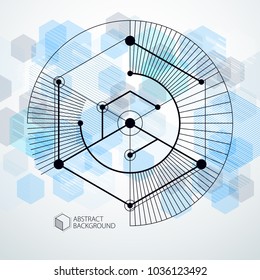 Isometric abstract blue background with linear dimensional cube shapes, vector 3d mesh elements. Layout of cubes, hexagons, squares, rectangles and different abstract elements. 