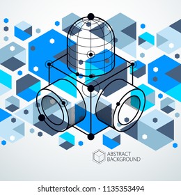 Isometric abstract blue background with linear dimensional cube shapes, vector 3d mesh elements. Layout of cubes, hexagons, squares, rectangles and different abstract elements. 