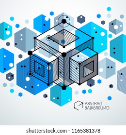 Isometric abstract blue background with linear dimensional cube shapes, vector 3d mesh elements. Layout of cubes, hexagons, squares, rectangles and different abstract elements. 