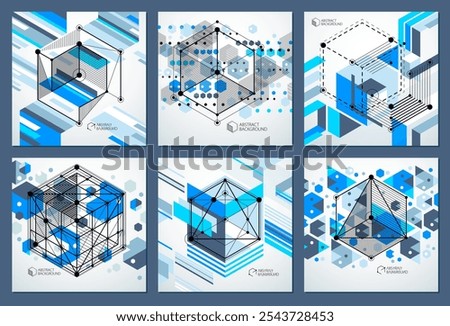 Isometric abstract blue backgrounds set with linear dimensional cube shapes, vector 3d mesh elements. Layout of cubes, hexagons, squares, rectangles and different abstract elements. 