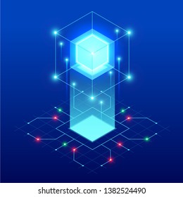 Isometric abstract blue cube design. Digital Technology Web Banner. BIG DATA Machine Learning Algorithms. Analysis and Information.