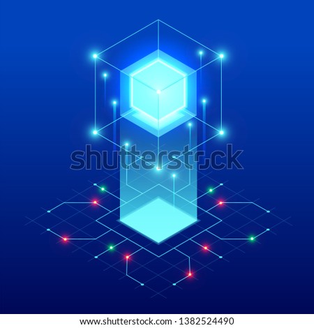 Isometric abstract blue cube design. Digital Technology Web Banner. BIG DATA Machine Learning Algorithms. Analysis and Information.