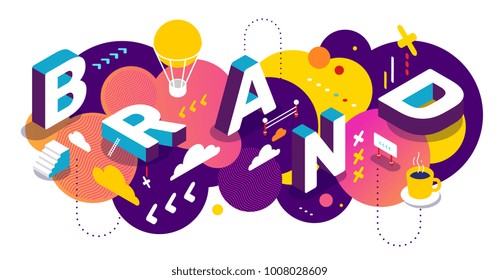 Isometric abstract branding horizontal design with decor element. Vector creative illustration of 3d word brand lettering typography on colorful background. Composition template of business banner