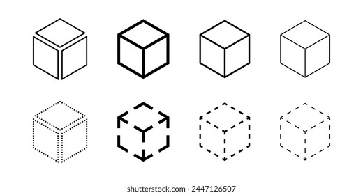 Vector Conjunto de iconos de cubo abstracto isométrico. Bloque geométrico, caja o logotipo de ladrillo. Ilustraciones de puntos, guiones, contornos, solidos y aislados. Signo 3d del modelo de alambres. Marco tridimensional cuadrado.