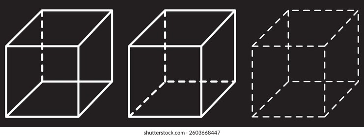 Isometric abstract cube vector icon set. Geometric block, box or brick logo. Dotted, dashed, outline, solid isolated illustrations. 